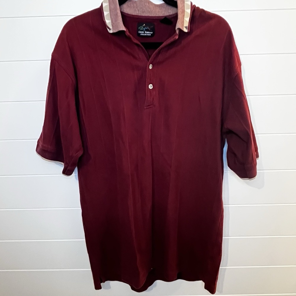 GREG NORMAN Polo Golf Shirt Men's Large 100% Cotton Maroon Shark Logo